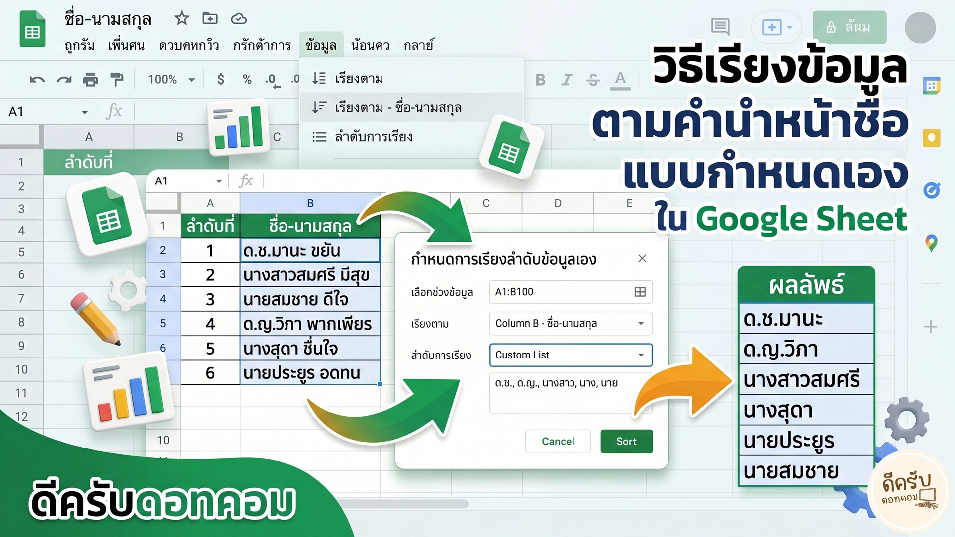 วิธีเรียงลำดับคำนำหน้าชื่อใน Google Sheets แบบกำหนดเอง