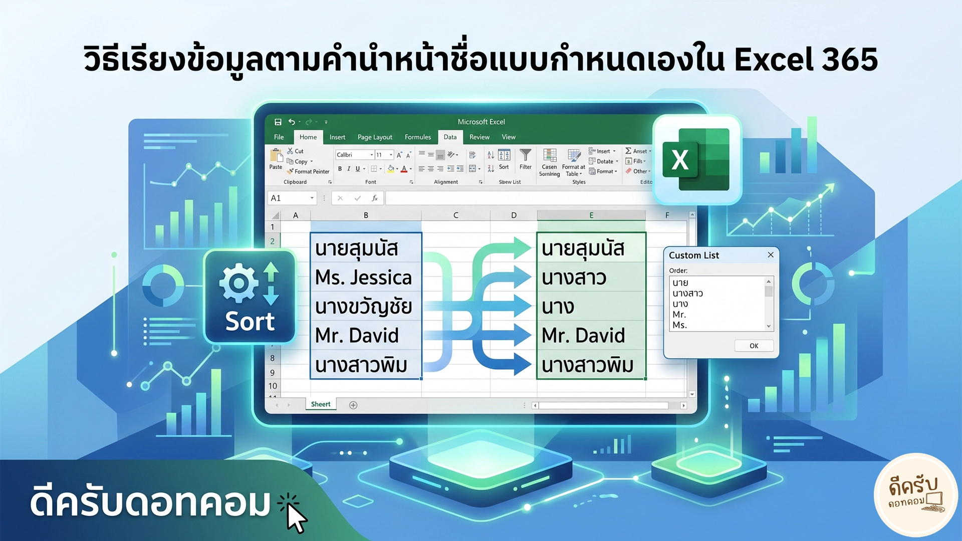 การเรียงข้อมูลตามคำนำหน้าชื่อ ใน Excel 365