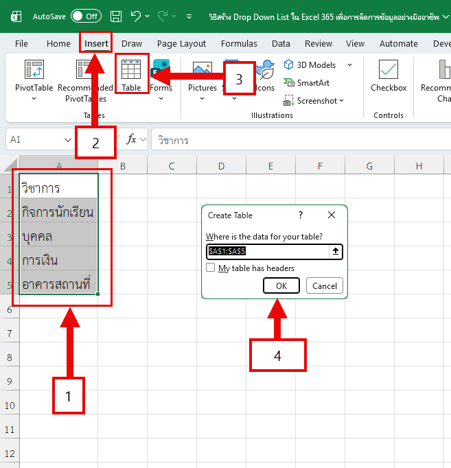 วิธีสร้าง Drop Down List ใน Excel 365 แบบอัปเดตอัตโนมัติ