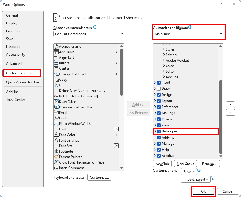 การเปิดใช้งานแท็บ Developer (นักพัฒนา)